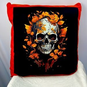 Homemade brand new accent T-shirt pillow. Black and orange autumn skull.